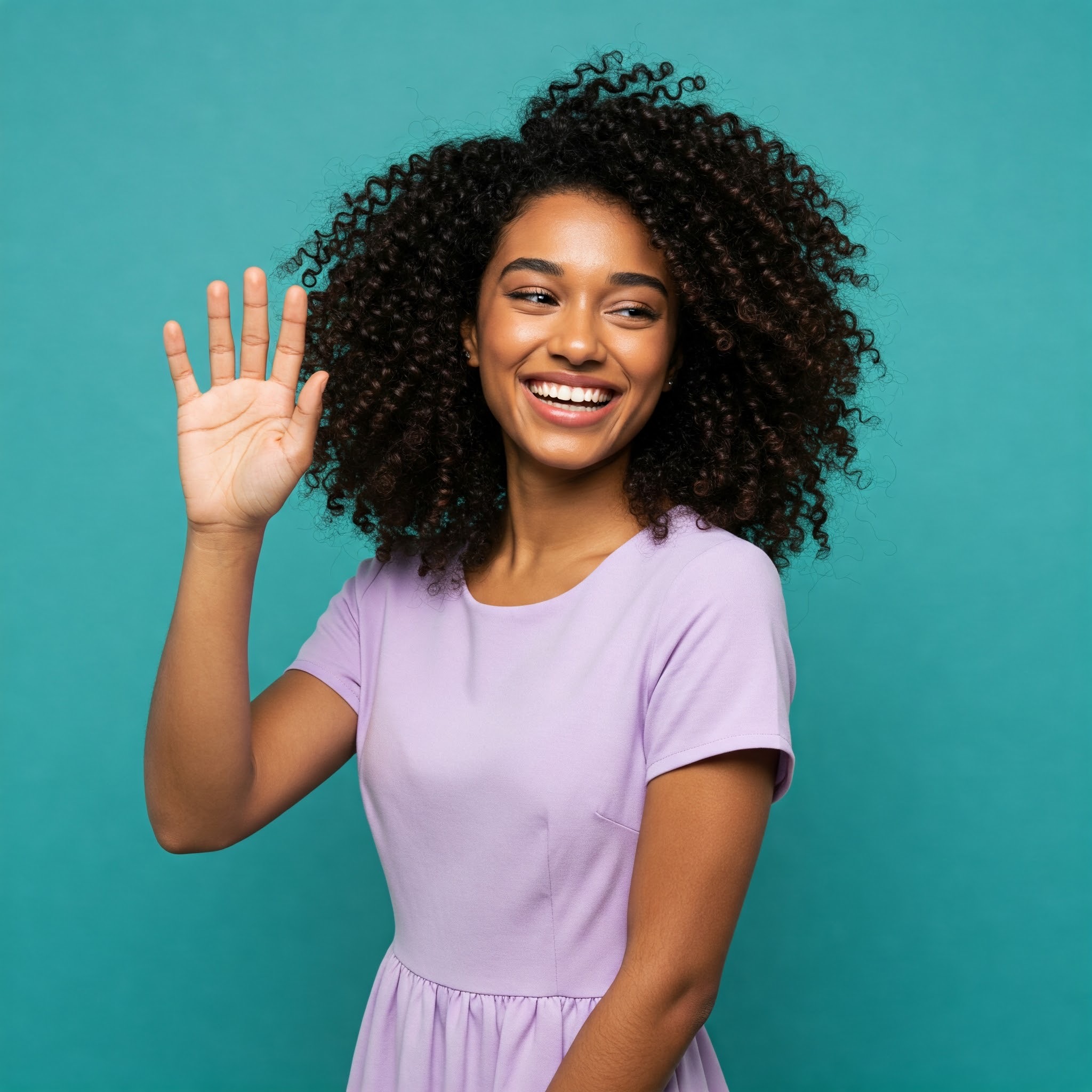 photo of Cheerful Woman Waving Hello